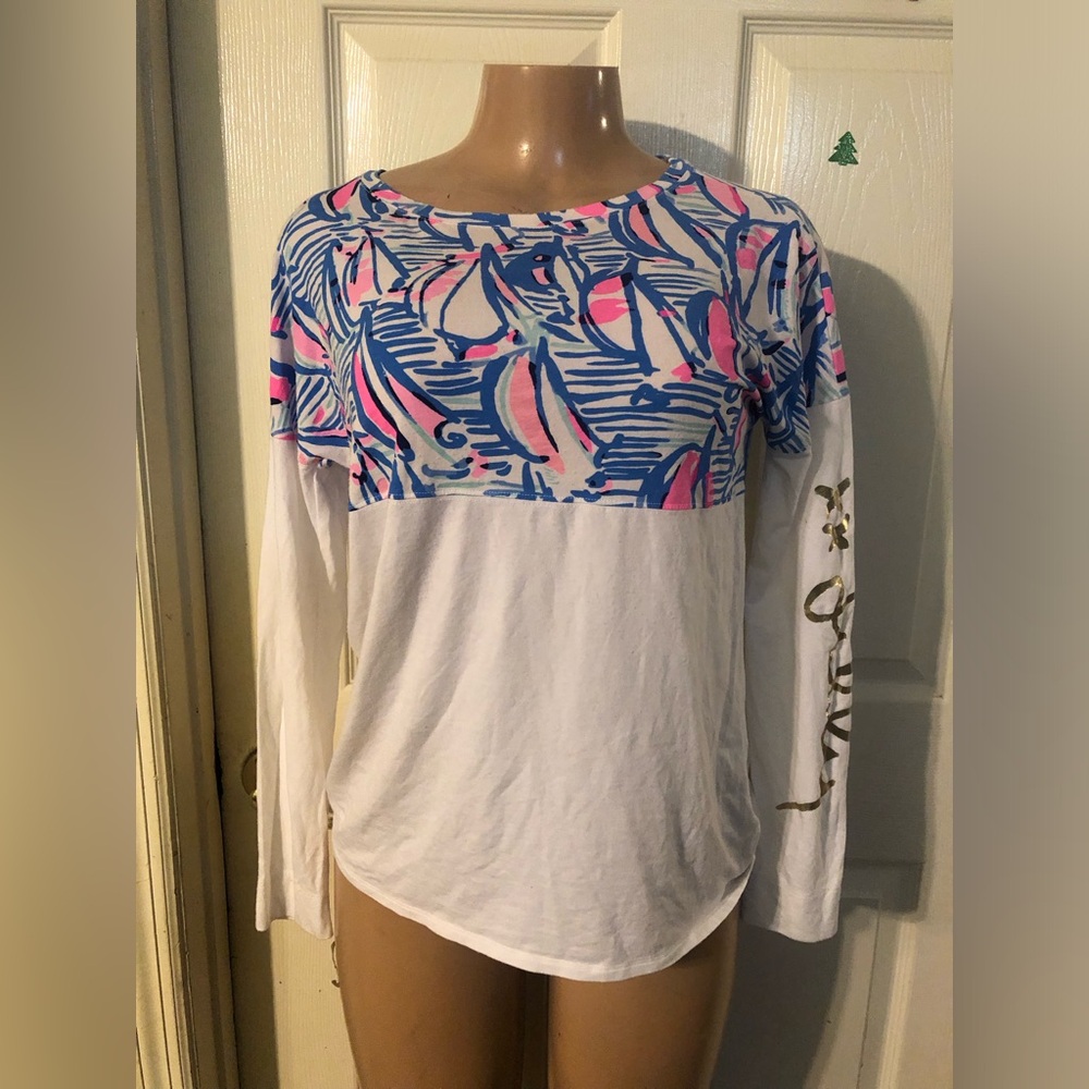 Lilly Pulitzer White and Blue Long Sleeve Blouse